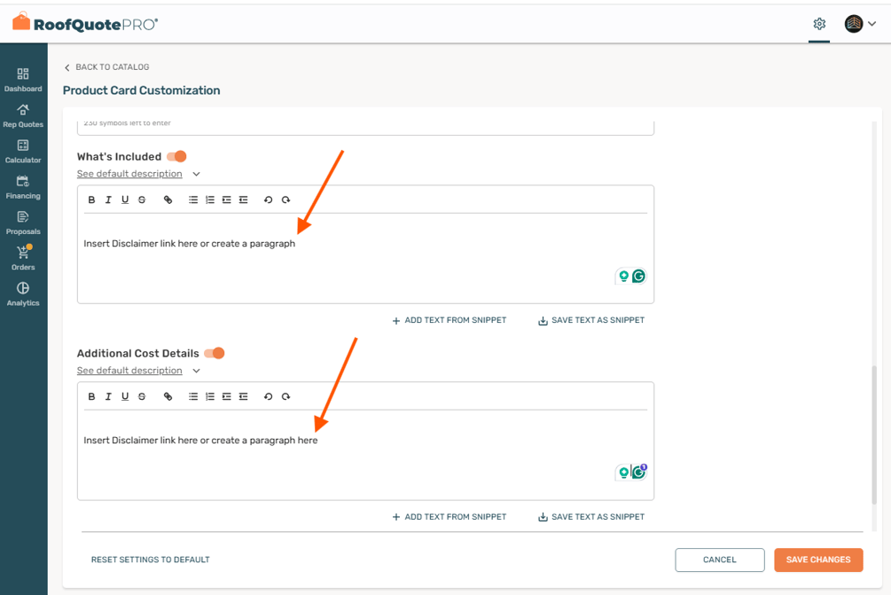 Form Rep Quote Adding Disclaimers in RoofQuote PRO
