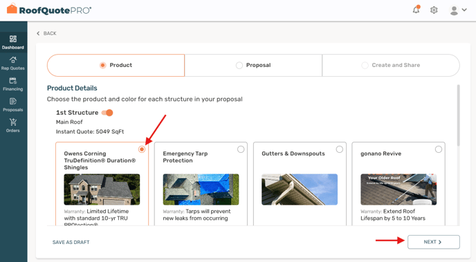 Selecting a product for your proposal